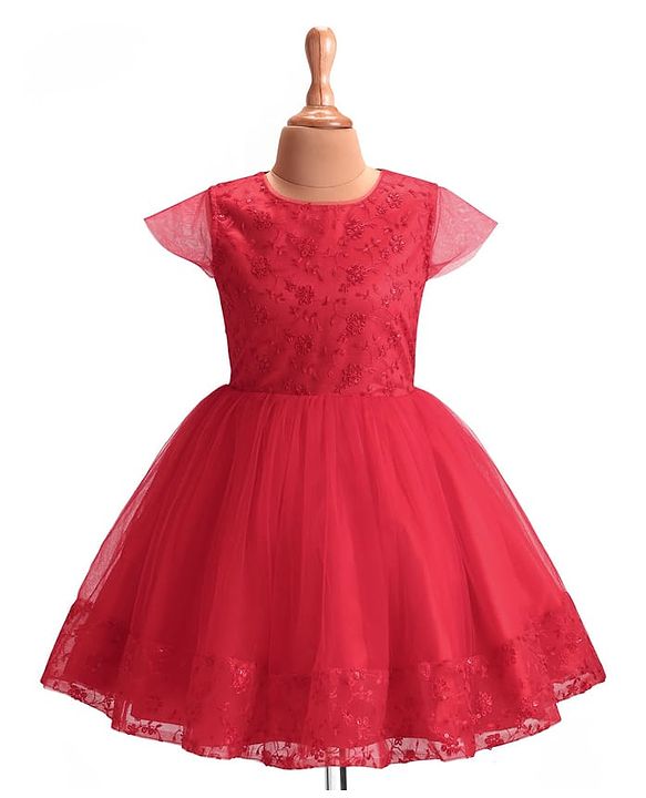 Pine Kids Woven Cap Sleeves Party Frock with Floral Embroidery - Red