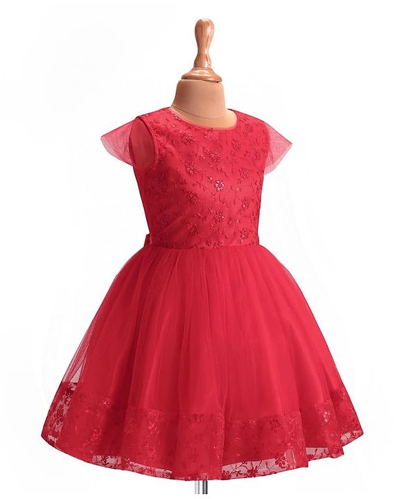 Pine Kids Woven Cap Sleeves Party Frock with Floral Embroidery - Red