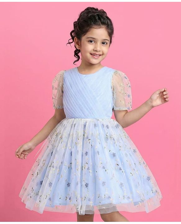 Pine Kids Woven Puffed Sleeves Party Dress with Floral Embroidery - Light Blue