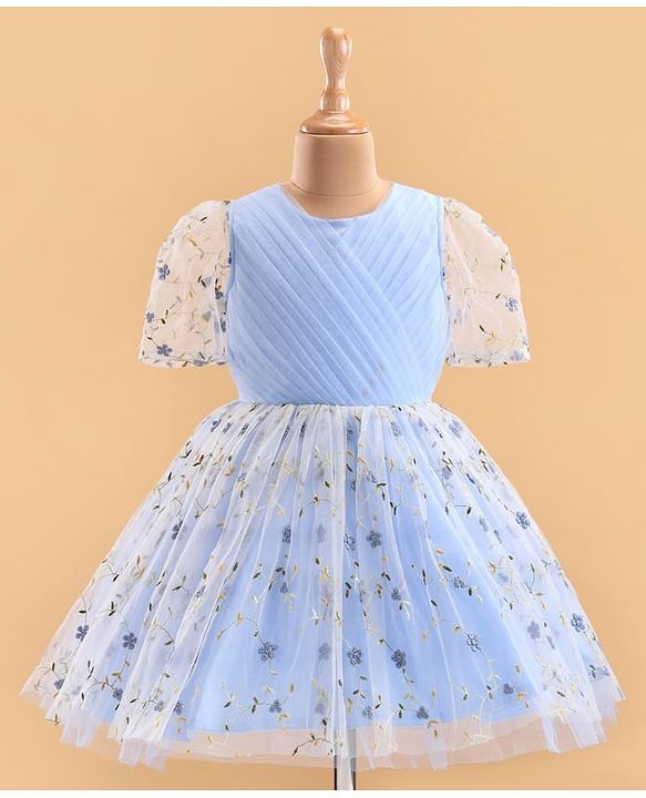 Pine Kids Woven Puffed Sleeves Party Dress with Floral Embroidery - Light Blue