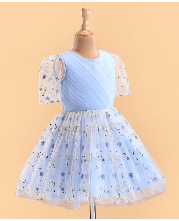 Pine Kids Woven Puffed Sleeves Party Dress with Floral Embroidery - Light Blue