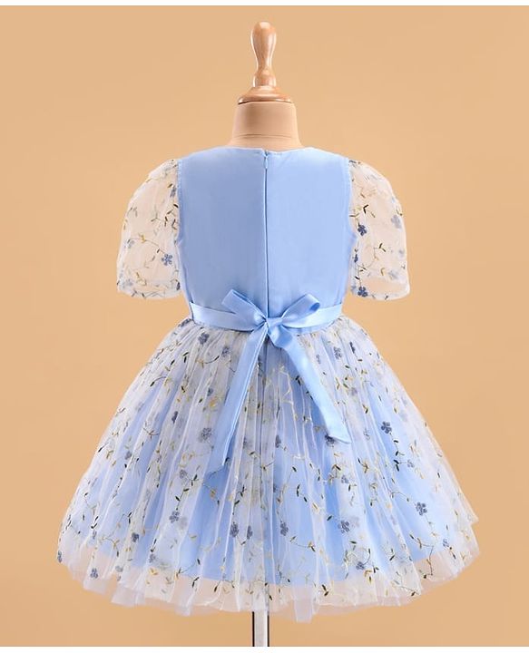 Pine Kids Woven Puffed Sleeves Party Dress with Floral Embroidery - Light Blue