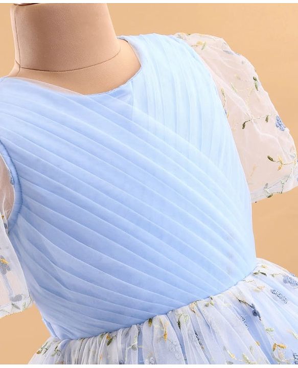 Pine Kids Woven Puffed Sleeves Party Dress with Floral Embroidery - Light Blue
