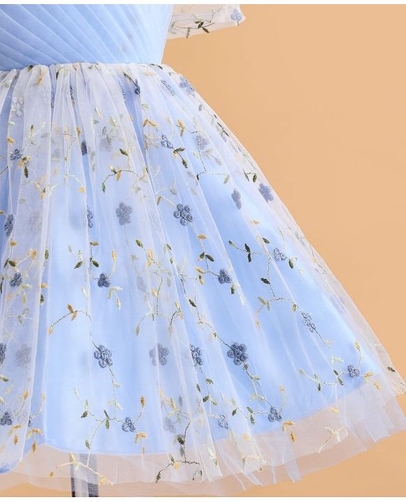 Pine Kids Woven Puffed Sleeves Party Dress with Floral Embroidery - Light Blue