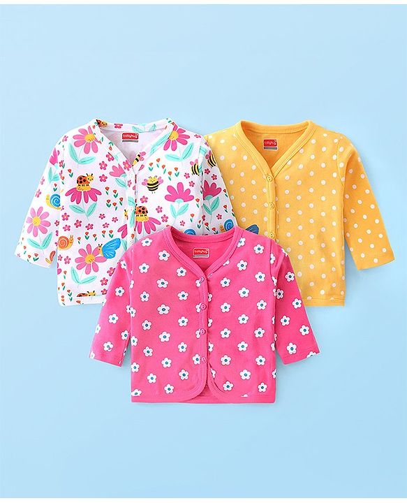 Babyhug 100% Interlock Cotton Knit Antibacterial Full Sleeves Front Open Vests With Polka Dots & Floral Print Pack of 3 - Multicolour