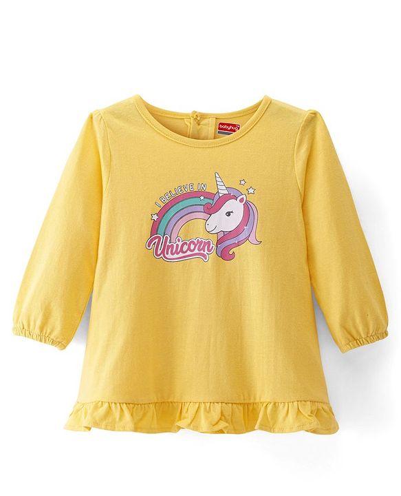 Babyhug Cotton Knit Full Sleeves Nighty With Unicorn Print - Yellow