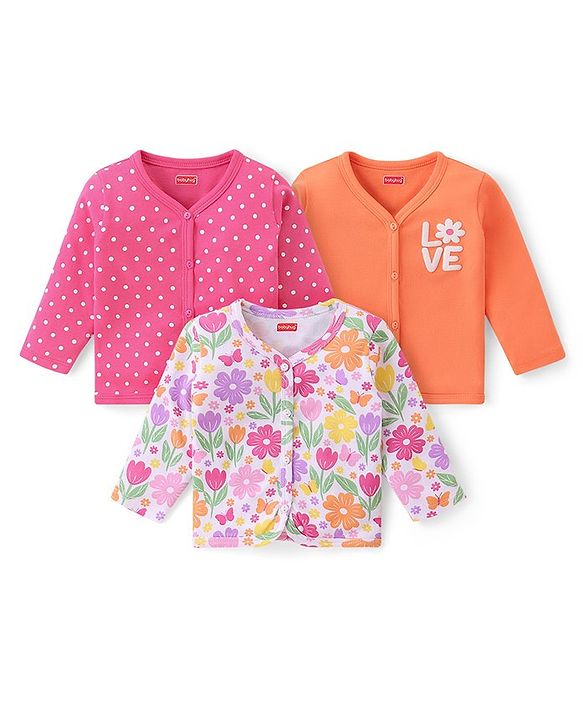 Babyhug 100% Interlock Cotton Knit Full Sleeves Front Open Antibacterial Vests with Polka Dot & Floral Print Pack of 3 - Orange Pink & White