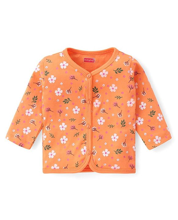 Babyhug 100% Interlock Cotton Knit Full Sleeves Front Open Antibacterial Vests with Polka Dot & Floral Print Pack of 3 - Orange Pink & White