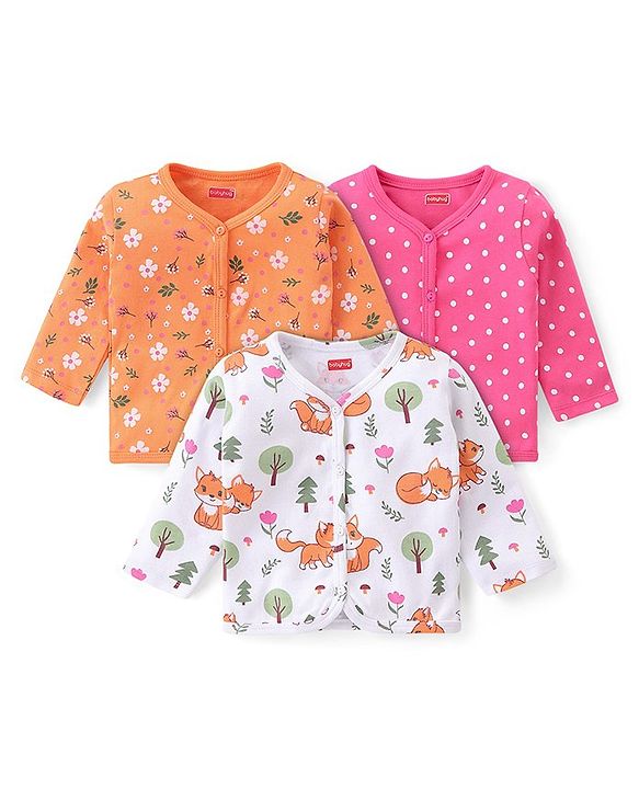 Babyhug 100% Interlock Cotton Knit Full Sleeves Front Open Antibacterial Vests with Polka Dot & Floral Print Pack of 3 - Orange Pink & White