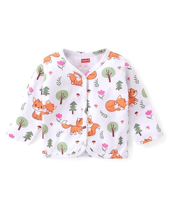 Babyhug 100% Interlock Cotton Knit Full Sleeves Front Open Antibacterial Vests with Polka Dot & Floral Print Pack of 3 - Orange Pink & White