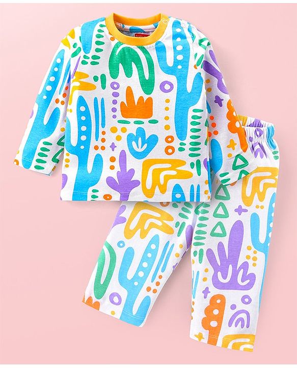 Babyhug Cotton Knit Full Sleeves Printed Night Suit - White