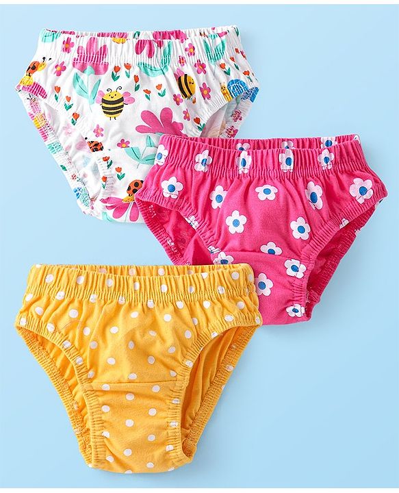 Babyhug 100% Cotton Knit Single Jersey Antibacterial Panties with Polka Dots Floral Print Pack of 3 - Pink White & Orange
