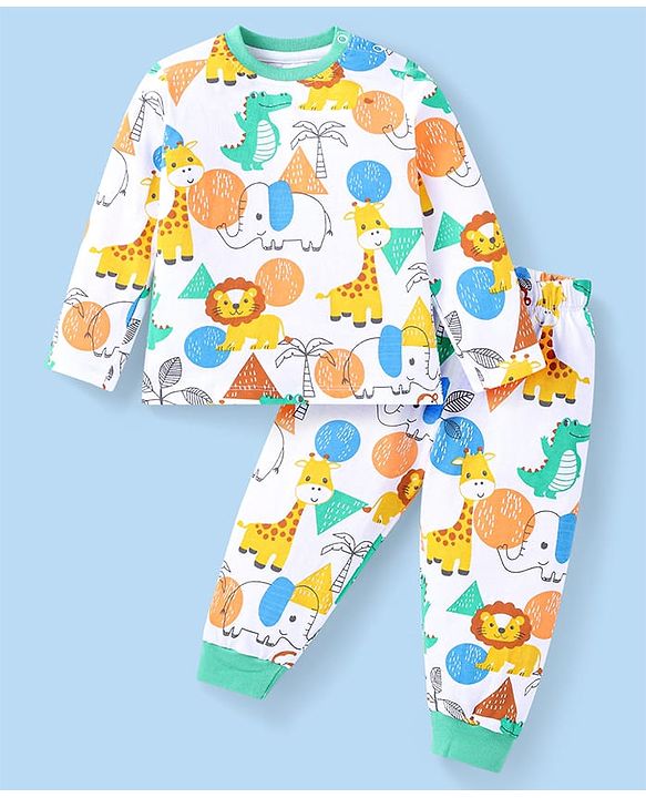 Babyhug Cotton Knit Full Sleeves Animal Printed Night Suit - White