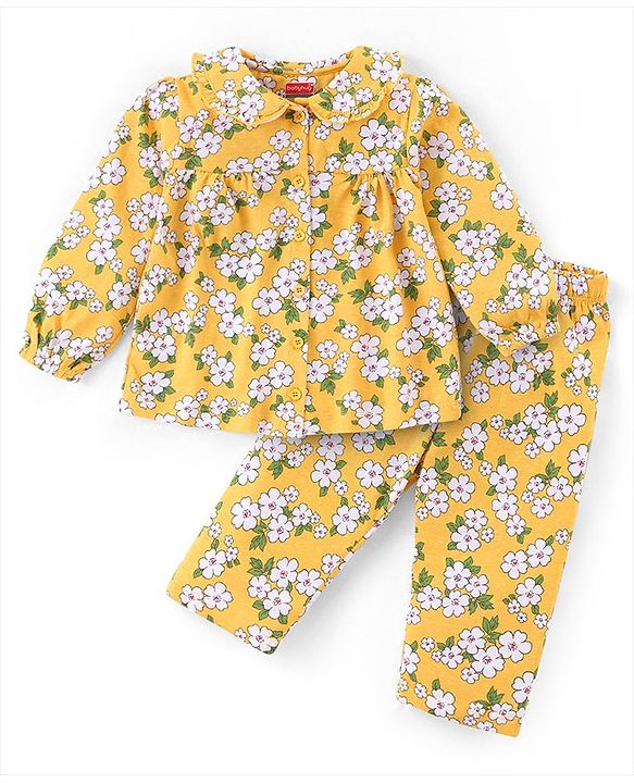 Babyhug Cotton Knit Full Sleeves Peter Pan Collared Night Suit With Floral Print - Mustard