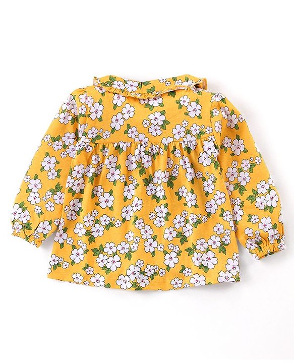 Babyhug Cotton Knit Full Sleeves Peter Pan Collared Night Suit With Floral Print - Mustard