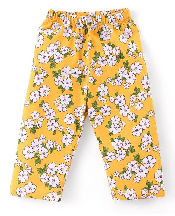 Babyhug Cotton Knit Full Sleeves Peter Pan Collared Night Suit With Floral Print - Mustard