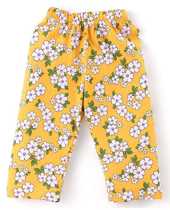 Babyhug Cotton Knit Full Sleeves Peter Pan Collared Night Suit With Floral Print - Mustard