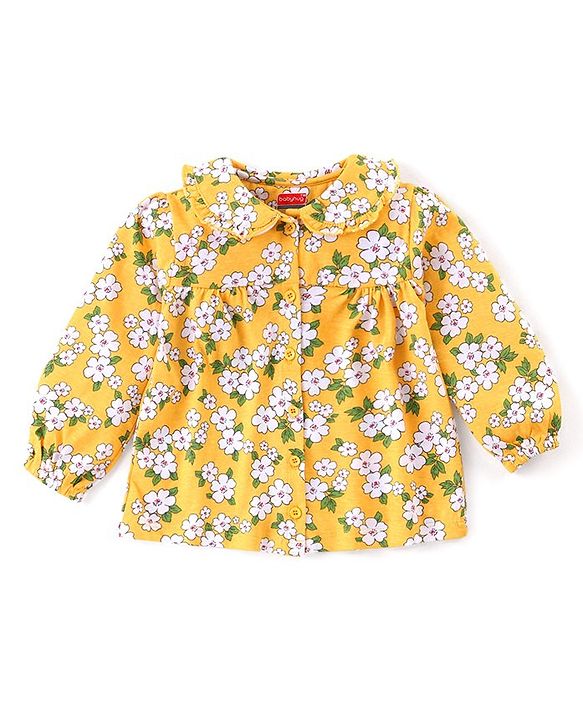 Babyhug Cotton Knit Full Sleeves Peter Pan Collared Night Suit With Floral Print - Mustard