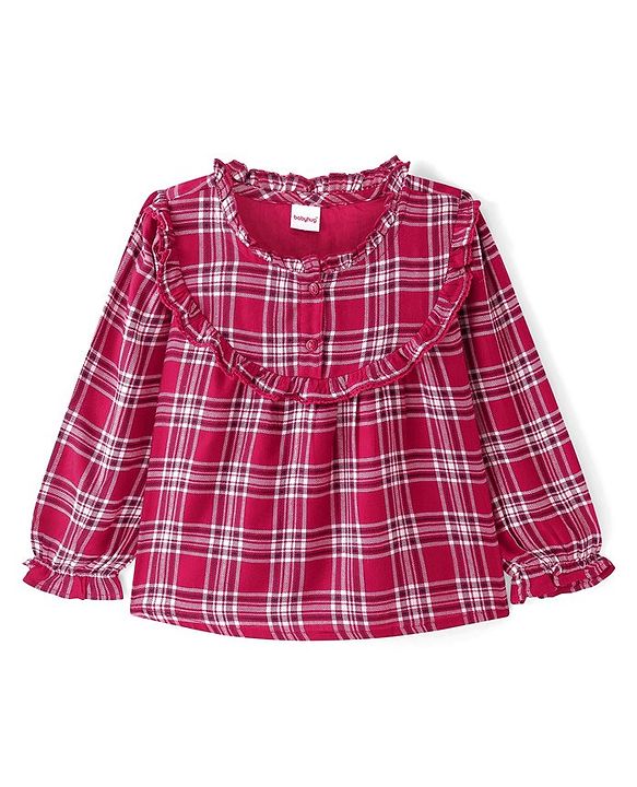 Babyhug Full Sleeves Top with Frill & Checks - Red