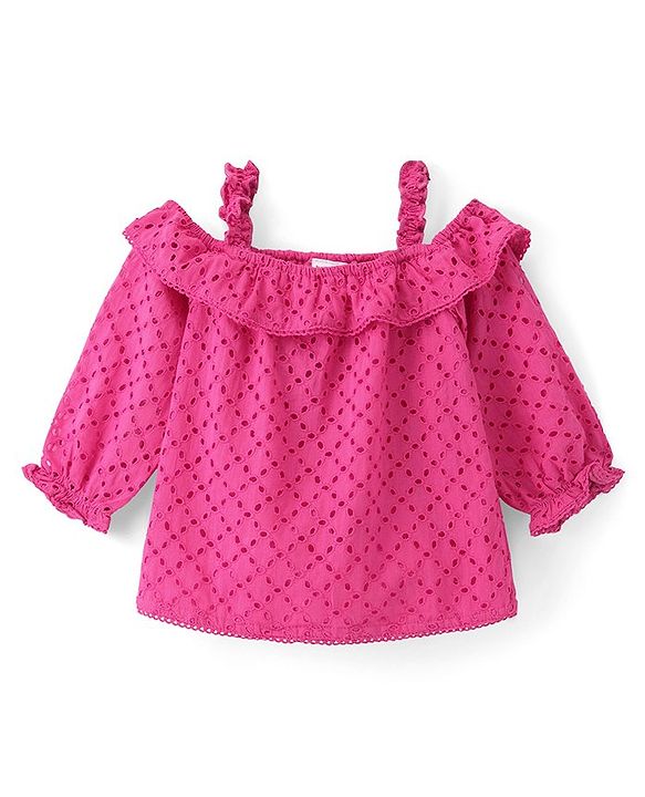Babyhug Rayon Knit Cold Shoulder  Full Sleeves Schifli Top with  Detailing Top - Pink