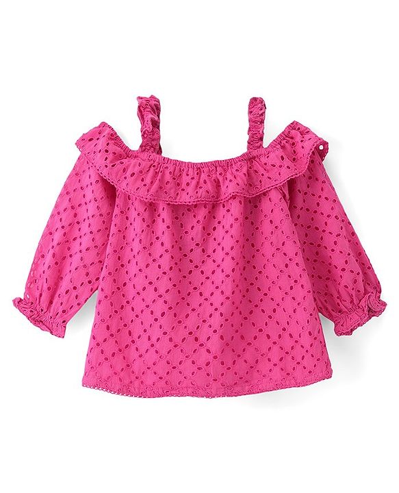 Babyhug Rayon Knit Cold Shoulder  Full Sleeves Schifli Top with  Detailing Top - Pink
