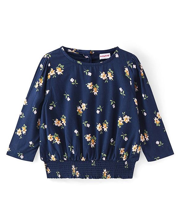 Babyhug Rayon Knit Full Sleeves Top with Elasticated Bottom & Floral Print - Navy Blue