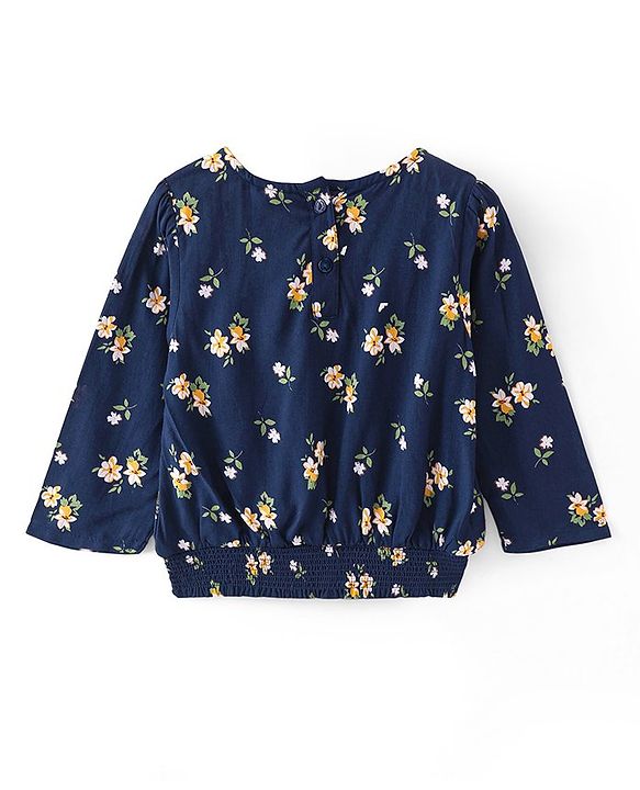 Babyhug Rayon Knit Full Sleeves Top with Elasticated Bottom & Floral Print - Navy Blue