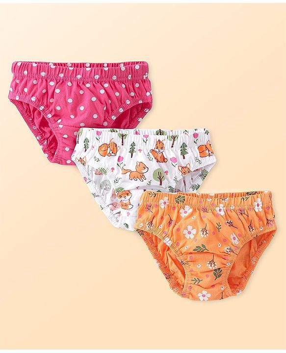 Babyhug 100% Cotton Knit Single Jersey Antibacterial Panties with Polka Dots Floral Print Pack of 3 - Pink White & Orange