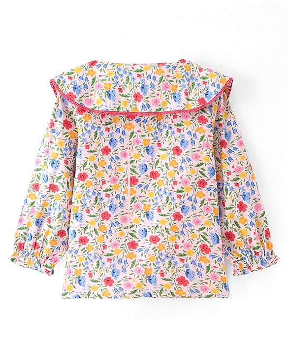 Babyhug Full Sleeves Front Open Peter Pan Collar Top with Floral Print- White