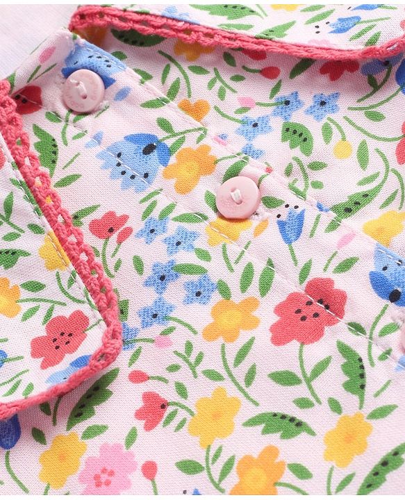 Babyhug Full Sleeves Front Open Peter Pan Collar Top with Floral Print- White