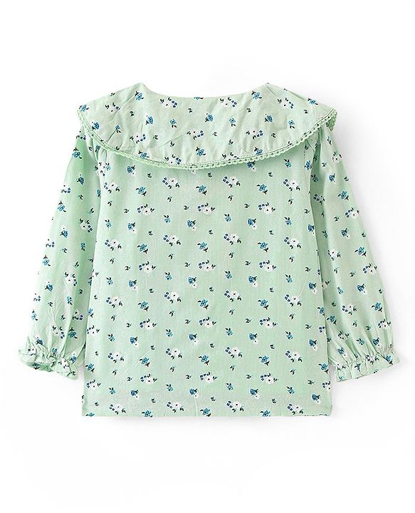 Babyhug Rayon Knit Full Sleeves Front Open Peter Pan Collared Top with Floral Print - Green