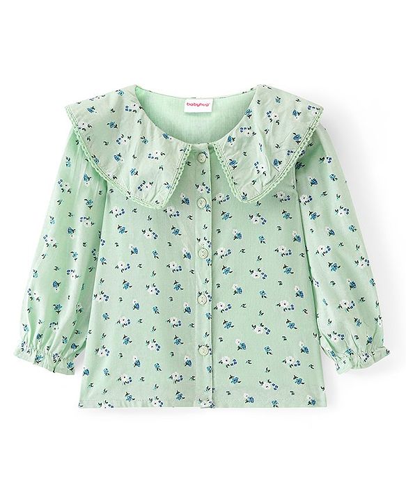 Babyhug Rayon Knit Full Sleeves Front Open Peter Pan Collared Top with Floral Print - Green