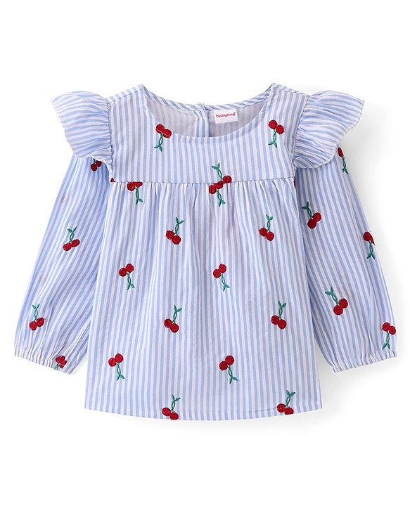 Babyhug Full Peasant Sleeves Striped Top with Cherry Embroidery - Blue