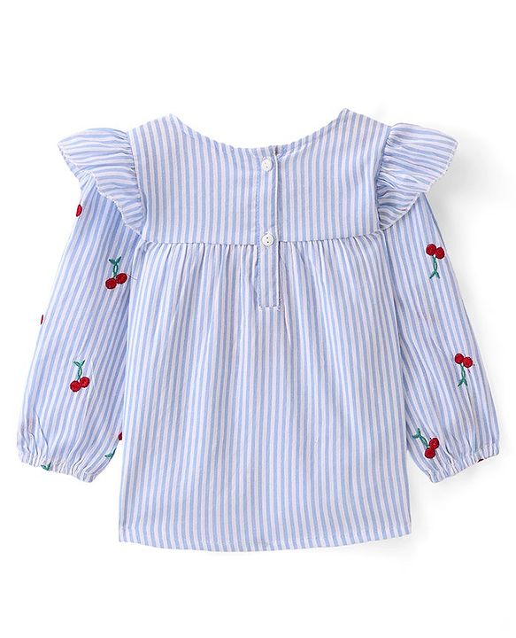 Babyhug Full Peasant Sleeves Striped Top with Cherry Embroidery - Blue