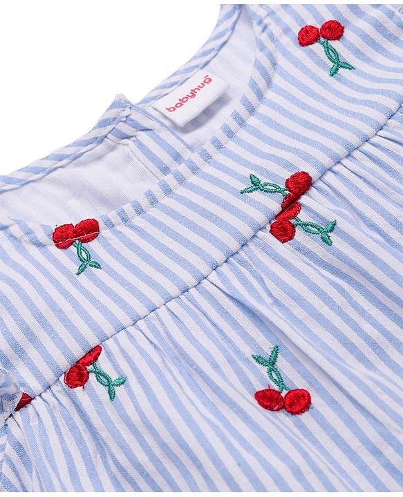 Babyhug Full Peasant Sleeves Striped Top with Cherry Embroidery - Blue