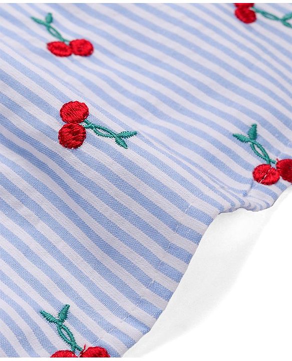 Babyhug Full Peasant Sleeves Striped Top with Cherry Embroidery - Blue