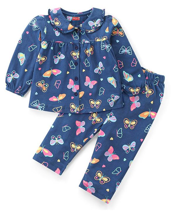 Babyhug Cotton Knit Full Sleeves Front Open Night Suit with Peter Pan Collar & Butterfly Print - Navy Blue