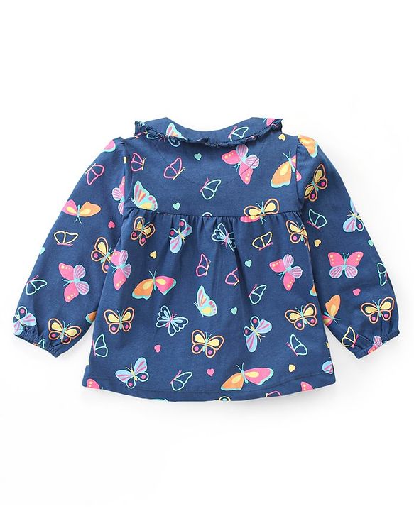 Babyhug Cotton Knit Full Sleeves Front Open Night Suit with Peter Pan Collar & Butterfly Print - Navy Blue