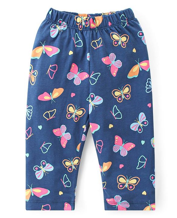 Babyhug Cotton Knit Full Sleeves Front Open Night Suit with Peter Pan Collar & Butterfly Print - Navy Blue