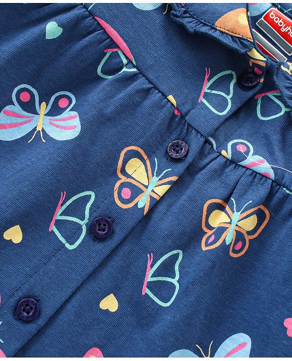 Babyhug Cotton Knit Full Sleeves Front Open Night Suit with Peter Pan Collar & Butterfly Print - Navy Blue