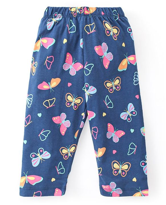 Babyhug Cotton Knit Full Sleeves Front Open Night Suit with Peter Pan Collar & Butterfly Print - Navy Blue