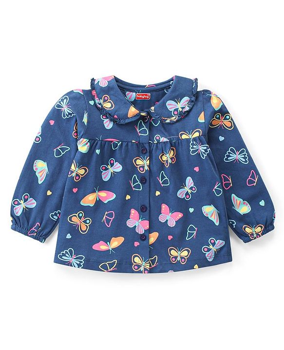 Babyhug Cotton Knit Full Sleeves Front Open Night Suit with Peter Pan Collar & Butterfly Print - Navy Blue