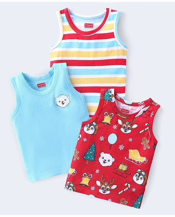 Babyhug 100% Cotton Single Jersey Knit Sleeveless Antibacterial Sandos with Stripes & Animals Print Pack of 3 - Red & Blue