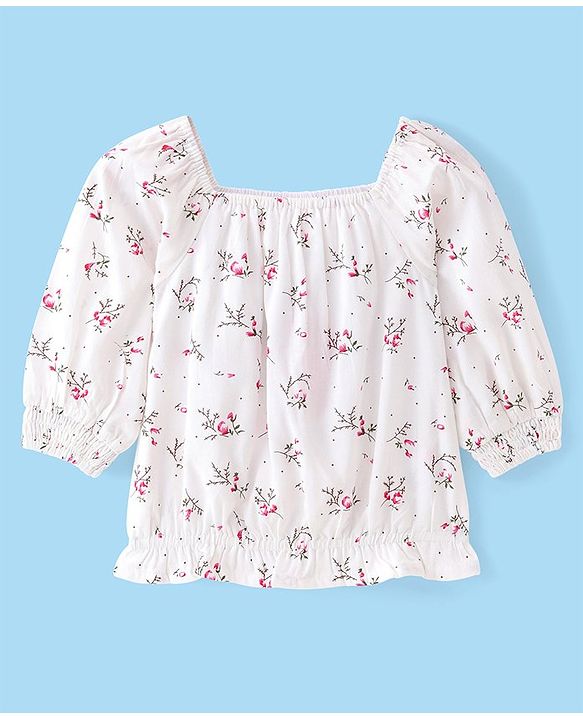 Babyhug Rayon Knit Full Sleeves  Top with  Floral Print - White