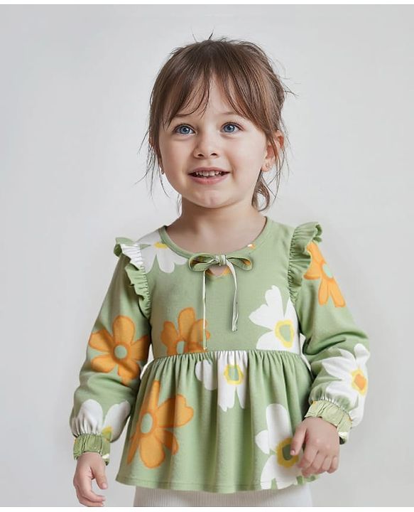 Babyhug Woven Full Peasant Sleeves Top With Floral Print - Green