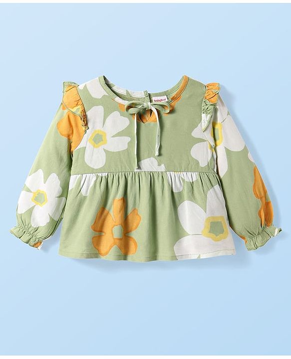 Babyhug Woven Full Peasant Sleeves Top With Floral Print - Green