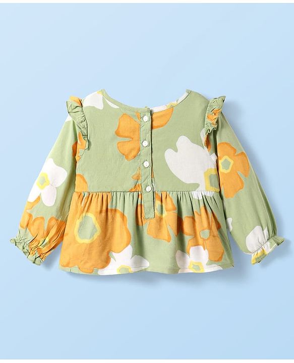 Babyhug Woven Full Peasant Sleeves Top With Floral Print - Green