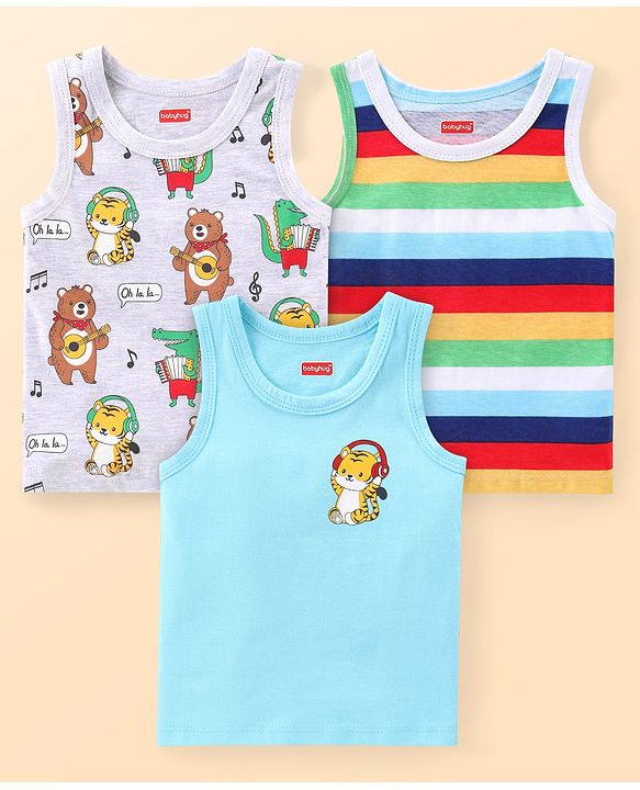 Babyhug 100% Cotton Sleeveless Antibacterial Sandos Striped & Cub Print Pack of 3 - White & Blue