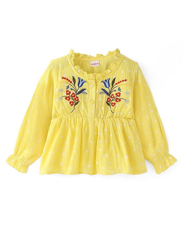 Babyhug Full Sleeves Top with Floral Embroidery - Yellow