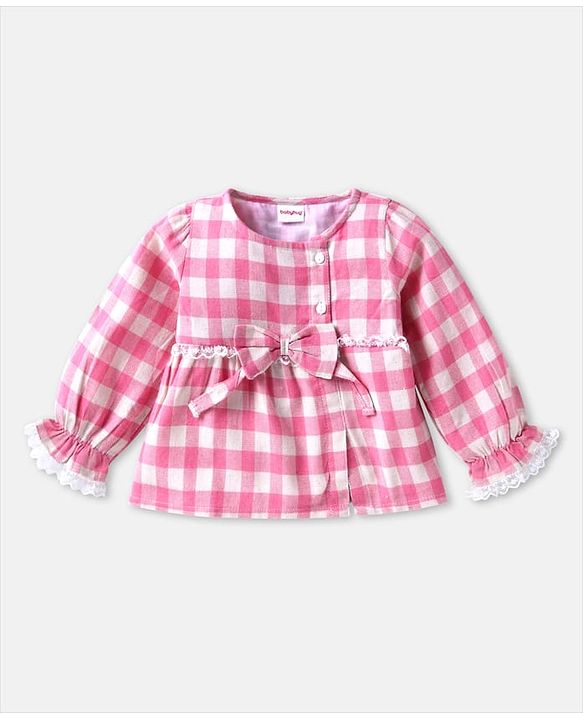 Babyhug Full Peasant Sleeves Checks Top with Bow  - Pink & White
